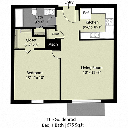 Floor plan for 1 bed, 1 bath, 675 sqft